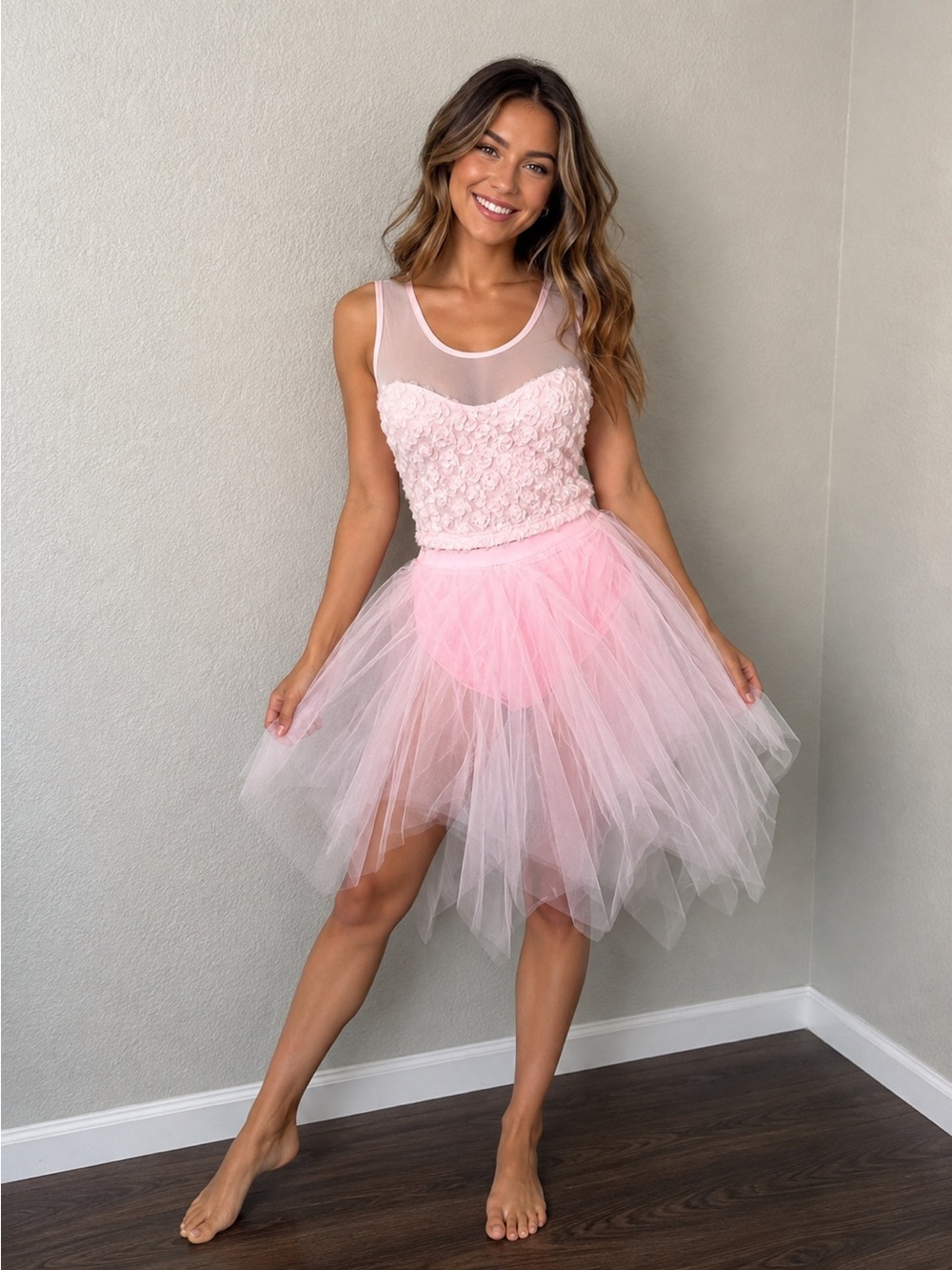 Pink Tulle Skirt Set with Floral Lace Bodice